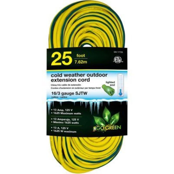 Gogreen GoGreen 16/3 25' Cold Weather Outdoor Extension Cord, Yellow w/Green Stripe. Lighted End GG-17725
